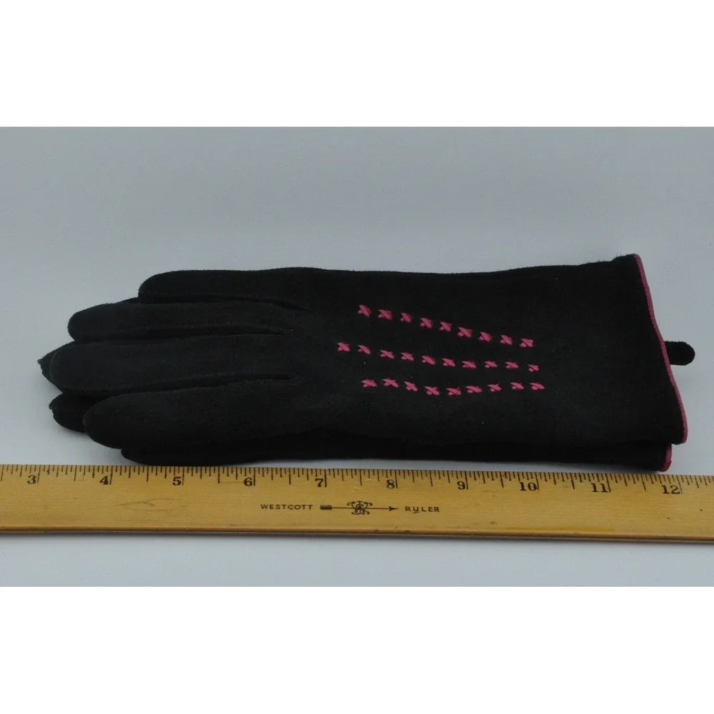 Deerskin Suede Gloves 7.5 Black Pink Embroidered Vintage‎ Style